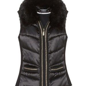White House Black Market Chain Puffer Black Vest Faux Fur Removable Collar